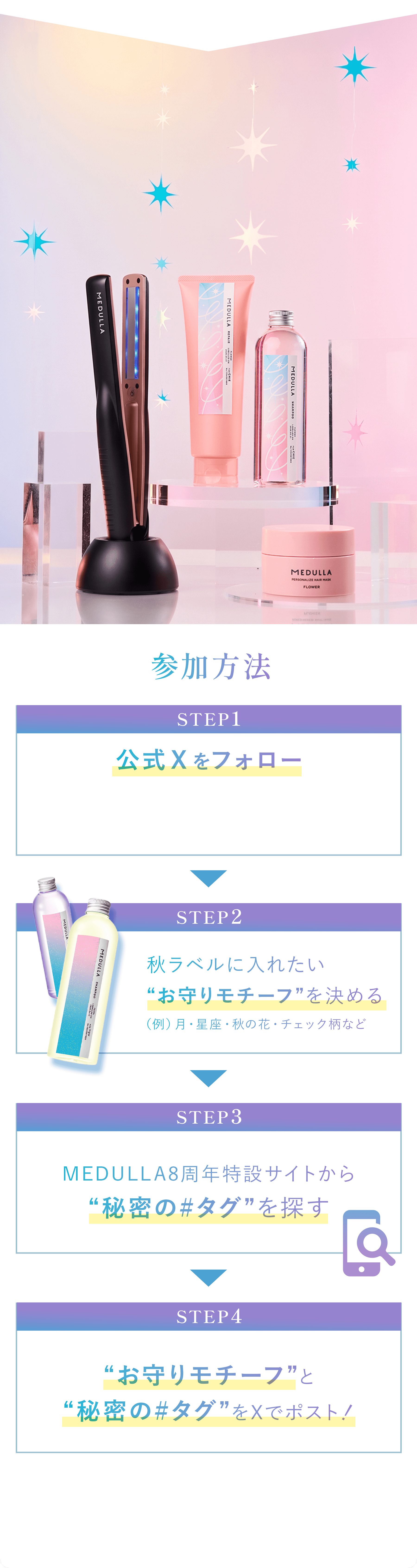 参加方法 STEP1 公式 X をフォロー STEP2 お守りモチーフを決める STEP3 秘密の#タグを探す STEP4 X でポスト