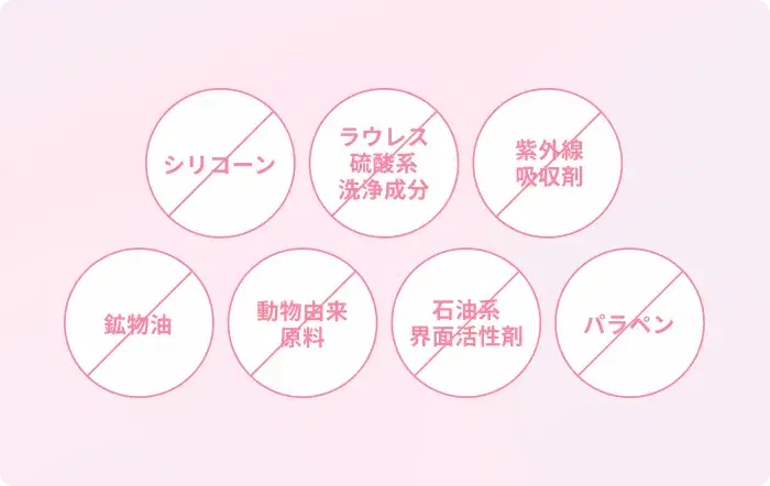 シリコーン、ラウレス硫酸系洗浄成分、紫外線吸収剤、鉱物油、動物由来原料、石油系界面活性剤、パラベン フリー